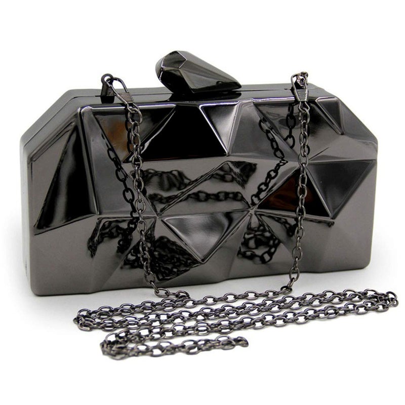Reberomantic Women Lattice Pattern Metal Handbag Chain Geometric Evening Clutch Purse, Gun-color - Image 4